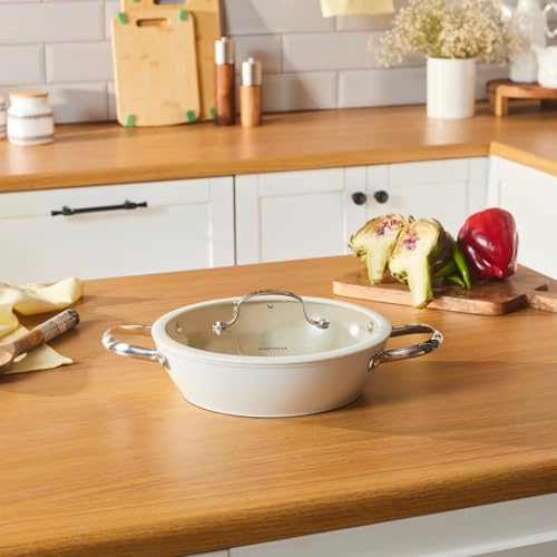 Karaca Swiss Crystal Almond Cream 26 cm Non‑Stick Induction Shallow Casserole with Lid – PFAS/PFOA‑Free Ceramic Coating, Dishwasher Safe, Cream Finish