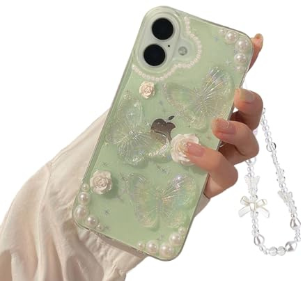 Reownest Handyhülle Kompatibel iPhone 17 Hülle Flash Schmetterling Blume Transparent Design Aesthetic Frauen Mädchen Glitzer Kristall mit Süßes Chain TPU Case + Perlenkette