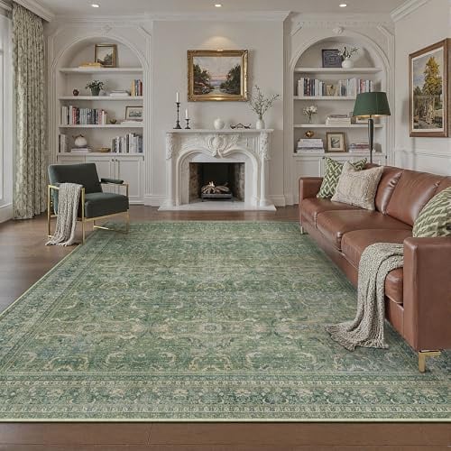 PureCozy Teppich Wohnzimmer 300x400cm Waschbarer Vintage Grün Tepich | Wohnzimmerteppich,Kurzflor Rutschfest,Weich Groß XXL Carpet,Leicht,Schlafzimmer, Esszimmer,Büro