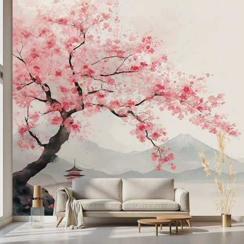 Kioldoq Kirschblüten Blumenmuster Tapete 400 x 280, Japanischer Stil Tapete | Tintenmalerei Blüten Fototapete Wand 3d Effekt Dekoration, Selbstklebende Motivtapeten Schlafzimmer Wohnzimmer