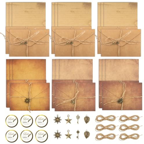 66 Stück Vintage Briefpapier mit Umschlägen Set für Briefe und Einladungen | Retro Kraftpapier, 24 Blätter Briefpapier, 12 Umschläge, 12 Metallanhänger, 12 Hanfseil und 6 Stickers
