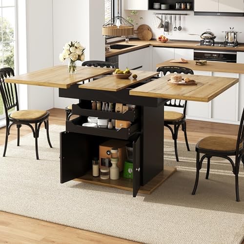FammyLoft Esstisch Ausziehbar(110-140 * 80cm), Teleskoptisch für 4-6 Personen, Tisch mit 2 Schubladen und 1 Aufbewahrungsschrank, Esszimmertische für Küche und Wohnzimmer, Schwarz(Keine Stühle)