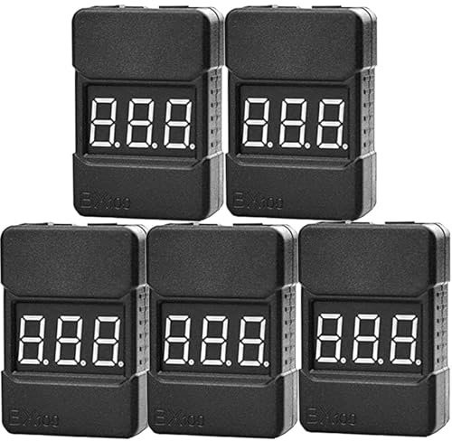 GERUI 5 Stück 2 in 1 1-8s Lipo Li-Ionen-Batteriespannungstester prüfen, RC-Niederspannungs-Summeralarm für 1s-8s Lipo/Li-Ionen/LiMn/Li-Fe überwachen BX100 Schwarze Schale