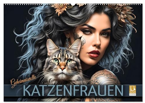 Geheimnisvolle Katzenfrauen (Wandkalender 2026 DIN A2 quer), CALVENDO Monatskalender: Zauberhafte Porträts anmutiger Samtpfoten mit ihren schönen, verführerischen Gefährtinnen (CALVENDO Tiere)