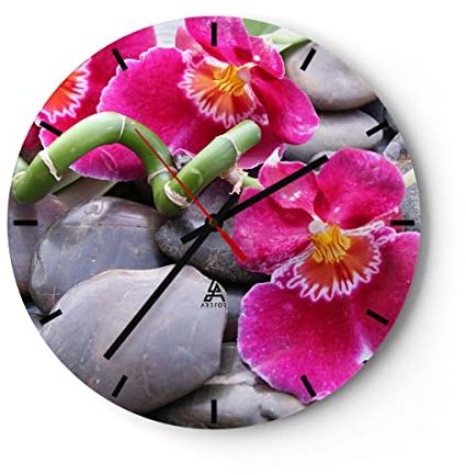 Modern Wanduhr Asiatisch Bambus Orchidee Steine 40x40cm Rund Groß Wand Uhr Glas Analog Zimmeruhren Küche Büro Wohnzimmer Glasuhr Wall Clock Dekoration Design Wanddekoration Küchenuhr C3AR40x40-0465