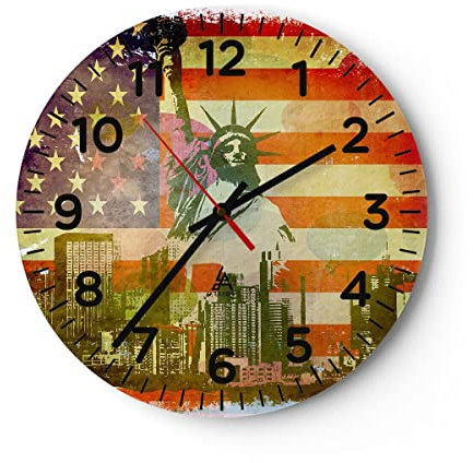 Modern Wanduhr Symbol USA Freiheit 30x30cm Rund Klein Wand Uhr Glas Analog Zimmeruhren Küche Büro Wohnzimmer Glasuhr Wall Clock Dekoration Design Wanddekoration Küchenuhr C4AR30x30-2543