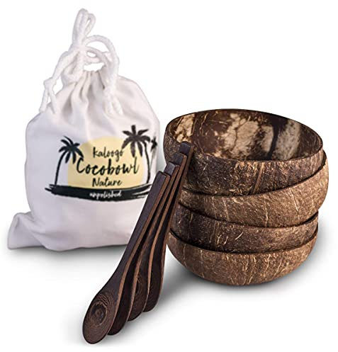 Kaloogo Cocobowl Nature - die 100% natürlich gewachsene Kokosnuss Schale (4er-Geschenk Set naturbelassen mit Loeffeln)