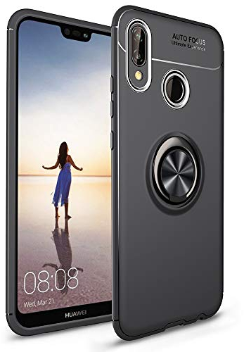 NALIA Ring Hülle kompatibel mit Huawei P20 Lite, Schutzhülle Cover magnetische Silikon Handyhülle für KFZ-Halterung 360-Grad Finger-Halter, Case Dünn Smartphone Ständer Slim Etui Bumper - Schwarz