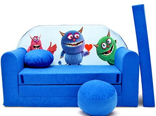 Kinder Sofa Couch Baby Schlafsofa Kinderzimmer Bett gemütlich verschidene Farben und motiven (C28 blau Monster)