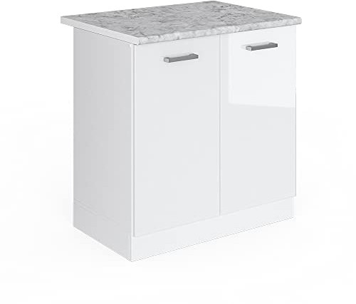 Vicco Armario bajo para Fregadero R-Line, Blanco Alto Brillo/Blanco, 80 cm, ET Mármol