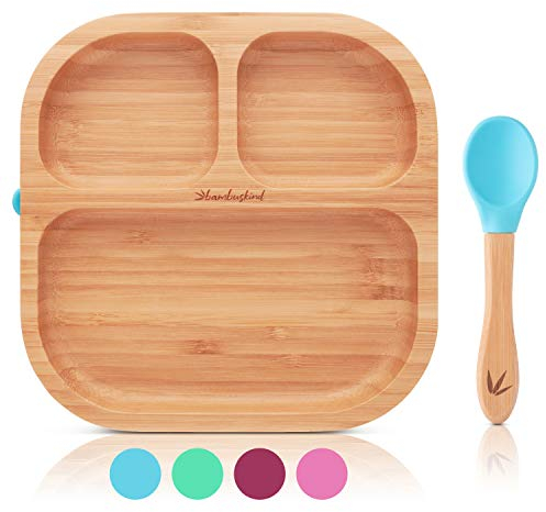 bambuskind Kinderteller mit Saugnapf blau I Inkl. Rezepte-Ebook I rutschfester Babyteller aus Bambus mit Löffel I Kindergeschirr-Set zum Essen lernen I ohne schädliche Kunststoffe