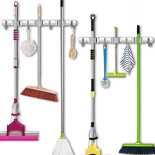 YOUTHINK 2 Para Colgador Escobas Soporte Pesado Actualizado Acero Inoxidable 6 Clips Y 8 Ganchos Soporte Para Trapeador Gris Paquete De Cocina Baño Oficina Jardín Garaje Instalación De Tornillos