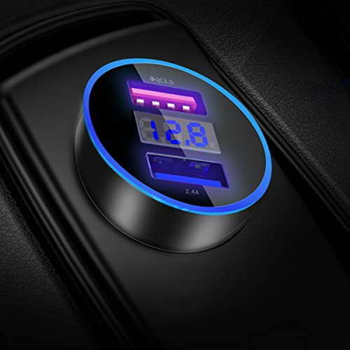 Auto Ladegerät, Quick Charge 3.0+2.4A 30W Zigarettenanzünder USB Ladegerät 12V/ 24V KFZ Ladegerät 2-Port mit LED Digital Voltmeter für iPhone XR/Xs Max, Samsung Galaxy S8, Huawei Und mehr