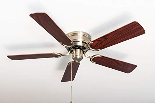 PEPEO - Kisa Deckenventilator ohne Beleuchtung | Ventilator mit Zugschalter in Antik-Messing mit Wendeflügeln in Rosen- und Walnuss-Holz, Durchmesser 105 cm. (Farbe: Messing, Rosenholz/Walnuss)