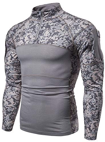 Herren Taktisches Langarmshirt Militär Stil Combat Shirt mit Taschen Airsoft Top Outdoor Kleidung für Jagd Camping WandernGrau Camo DigitalM