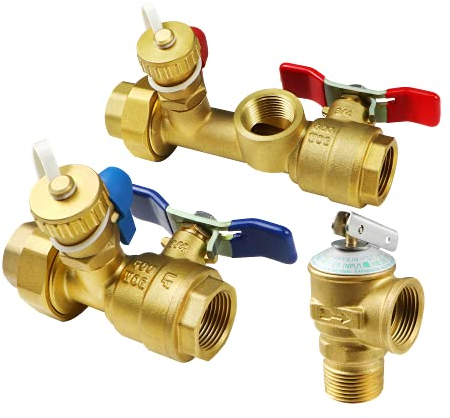 3/4 Zoll IPS Isolator Durchlauferhitzer Service Ventil Kit mit Druckentlastungsventil, sauberes Messing, 3/4 Zoll Service Installationsventil für Rheem/Rinai/Ecosmart/Navien/Noritz/Takagi/Bosch