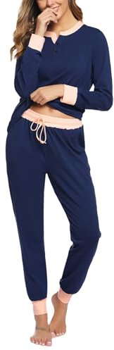 Aseniza Pyjama Femme Hiver Coton Ensembles de Pyjama Femmes Chauds Manches Longues Vêtements de Nuit Couleurs Contrastées Ensemble Pyjamas Tenue de Nuit Vêtements de Détente Loungewear Bleu Foncé M