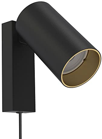 Licht-Erlebnisse Wandlampe mit Schalter und Stecker, Wandleuchte Innen Schwarz Gold, Metall, Leselampe Wand, verstellbar, GU10, Flur, Schlafzimmer, Wandlampe, Strahler