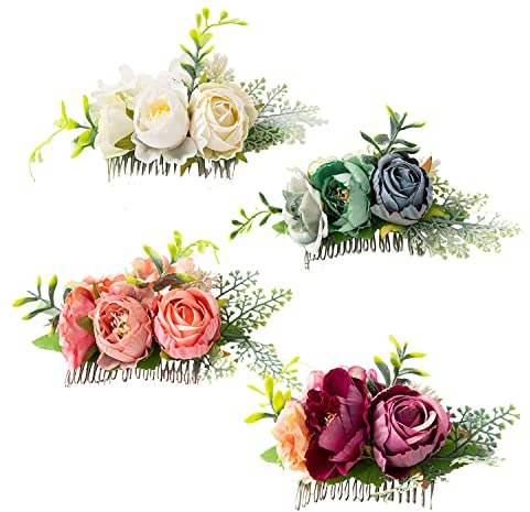 Cinaci Haarkämme aus Metall mit künstlichen Rosenblüten, für Hochzeit, Braut, Kopfschmuck, Haarspangen, Dutt, Chignon, Haarschmuck für Frauen, Blumenmädchen, Bräute, Brautjungfern, 4 Stück