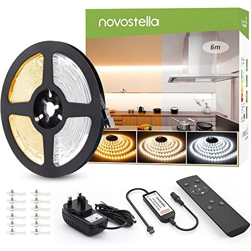 NOVOSTELLA 6M White LED Strip Lights Warm White Daylight Cool Soft 3000K-6500K, Dimmable Tunable LED Tape Light with RF Remote, Flexible LED Ropes Kit for Bedroom Kitchen Wardrobe, 20ft 672 LEDs