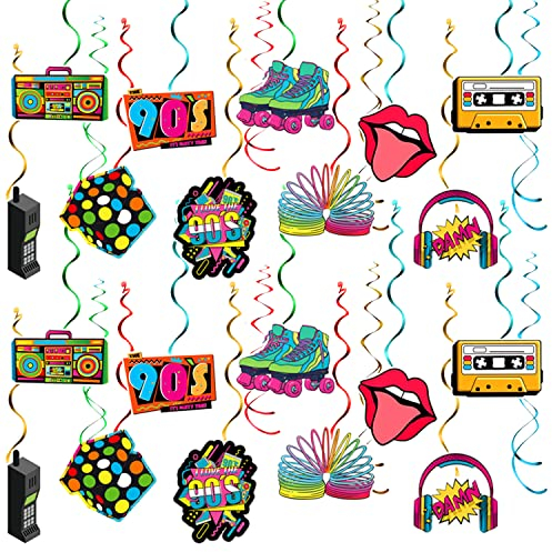32 Stück 90er Party Hängende Spiral Decken Dekorationen 90er Spiralen Girlande Hängedeko 90er Thema Spiralen Hängedeko Dekor für 90er Musik Thema 90er Rock Disco Partybedarf