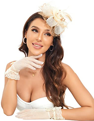 Fascinator-Hut, Kentucky-Derby-Hüte, Clip-Hut, Hochzeit, Cocktail, Teeparty, Kopfbedeckung und Kurze Spitzenhandschuhe mit Schleife, für Damen, Beige und Braun, Medium