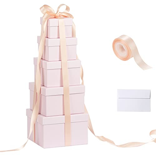 CHARMGIFTBOX 5 Stück Geschenkbox mit deckel, Geschenkboxen Rosa, Quadratische Geschenkbox für Geschenke, Stapelbare Boxen für Geburtstag, Hochzeit, Weihnachten