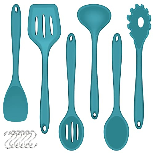 Joyfair Kitchen Utensils Set, 6 Piece Soft Silicone Cooking Utensils with 6 Hooks, Heat Resistant Kitchen Tools Include Spoons Turner Spatula for Non-Stick Cookware, Food Grade & Dishwasher Safe, Blue