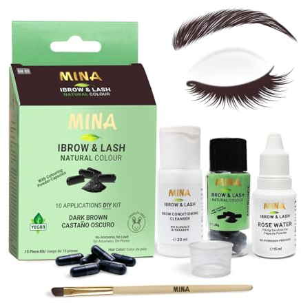 Mina ibrow & Lash - Polvo natural de larga duración para teñir manchas y cabello, a prueba de agua y manchas, sin amoníaco, sin plomo con hasta 10 aplicaciones (marrón oscuro)