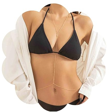 Yheakne Boho Sklavenkette Körperkette Gold Bikini BH Kette Halskette Lange Perle Geschirr BH Halskette Strand Körperkette Schmuck Für Frauen Und Mädchen Sommer Geschenke (Gold)
