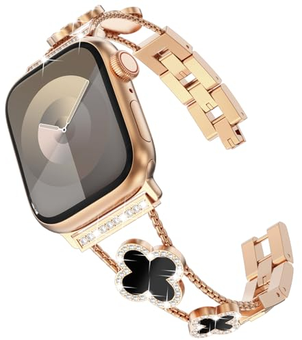 KADES Edelstahlarmband für Apple Watch Armband Damen,Glitzer Diamant Gliederarmband für Apple Watch SE,Metallarmband für Apple Watch series 10 42mm,9/8/7 41mm,6/5/4 40mm,3/2/1 38mm,Roségold/Schwarz