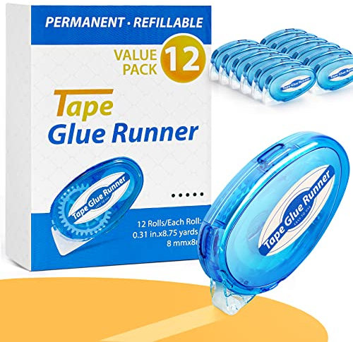 12 Pack Double Sided Tape Roller, Permanent Adhesive Scrapbook Tape Dispenser Runner, Glue Tape Roller for Scrapbooking, Crafts and Arts Projects, Photo-Safe, Smooth & Clean, 0.31 x 315
