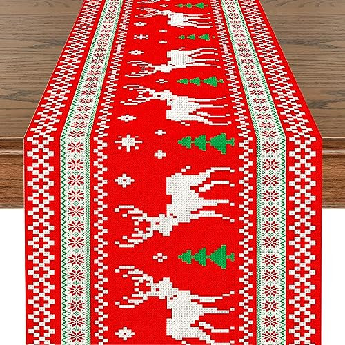 WUBAYI Weihnachtstischläufer, roter Leinen-Tischläufer, Weihnachts-Tischläufer, langer Baum und Hirsch, Tischläufer für drinnen und draußen, Familie, Weihnachten, Urlaub, Weihnachten, Abendessen,
