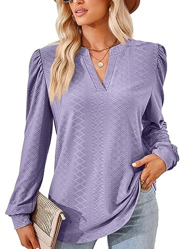 EDOTON Camicetta Donna Maglietta Lunga con Scollo a V Camicetta Casual Autunno Solida Manica Lunga Tops Tunica Donna (M,D Viola)