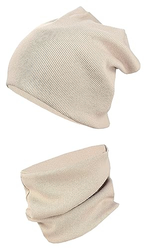 TupTam Mütze und Schal Kinder Set – Weiches Schal Mütze Set Kinder für Herbst und Winter, Farbe: Rippstoff Beige, Größe: 44-52