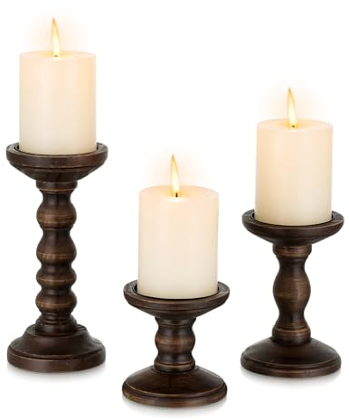 Candeldo Kerzenständer Holz Vintage Deko: 3 Stück Braun Kerzenhalter Stumpenkerzen Wohnzimmer Tischdeko Groß Kerzenständer Dekoration Esstisch Weihnachten