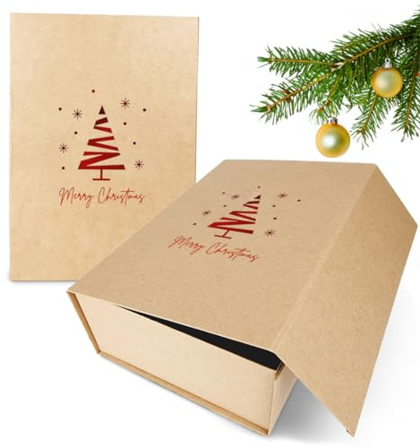 Verpackungswelt Geschenk-Box Weihnachten (1 Stk.) | 31x22x10 cm | Geschenk-Karton mit Deckel & Magnet-Verschluss | Für Weihnachts-Geschenke | Weihnachts-Verpackung mit Weihnachtsbaum-Motiv in Rot