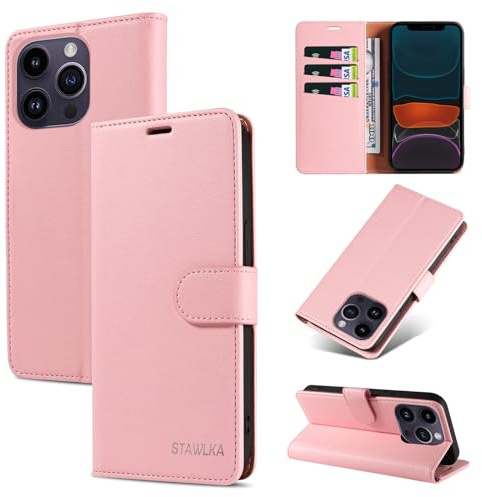 STAWLKA Case for iPhone 11 Pro, Premium PU Leather Flip Magnetic Buckle Wallet Case Kickstand Blocking RFID Shockproof Protective Phone Cover for iPhone 11 Pro - Pink