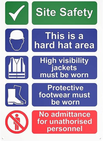 Durable A4 Aluminum Composite Site Safety Sign with Fixing Holes - Hard Hat Area, High Visibility Jackets, Protective Footwear, No Unauthorized Admittance