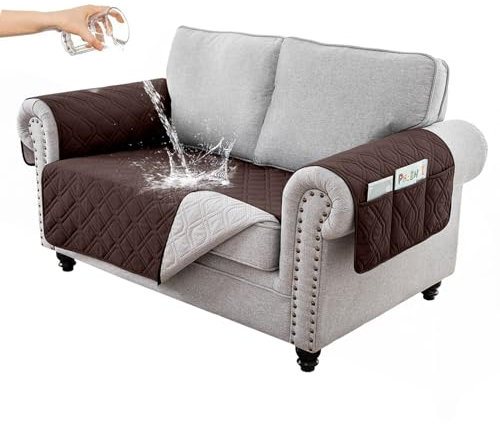 RAPRAP 100% Wasserdicht Sofa überzug 2 Sitzer, rutschfest Sofabezug mit Tasche für Kinder, Haustiere, Hunde, Waschbare Sofaschoner,Schokolade,2 Seater