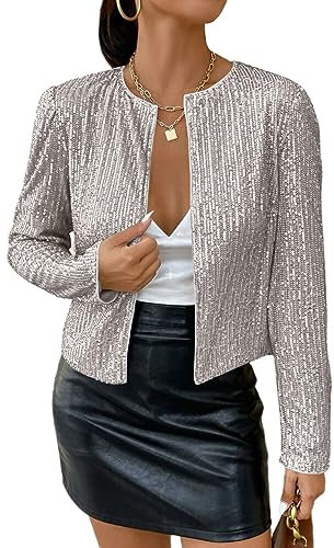 shownicer Damen Glänzend Pailletten Blazer Jacke Langarm Cardigan Tops Kurz Oberteile Eleganter Blazer Glitzer Clubwear Outfits Party A Grau M