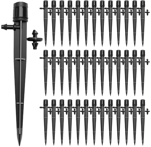VooGenzek 40 Piezas Gotero de Riego, 360-Grado Aspersore de Riego Ajustables, Cabezas de Riego para Goteo Goteros Estaca Microtubo Piqueta, para Tubo 4/7 mm, Negro (con Conectore)