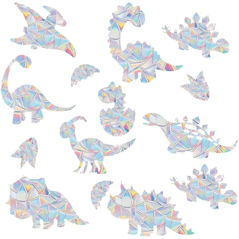 Dinosaurier Prisma Fensteraufkleber Vogelschutz, GoldRock 14 Stück Vogelschutz für Glasscheiben,Dino Suncatcher Sticker,Regenbogen Fenster Sticker Folie Gegen Vogelschlag,Vogelschutz Aufkleber Fenster