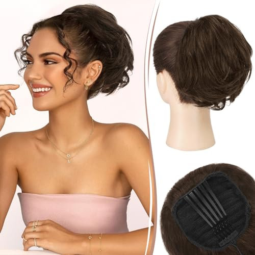 RUWISS Haarteil Dutt mit Comb Kurz Haarteil Pferdeschwanz Haardutt Chignon Echthaar Haarteile Echthaar Dutt Extensions mit Comb Kordelzug für Damen,Natürlich Braun