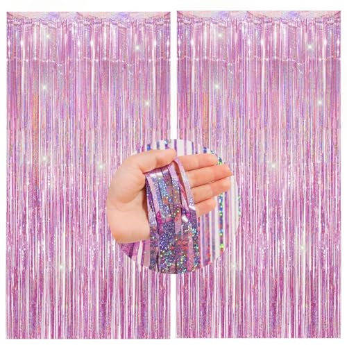 CC wonderland zone 2 Stück Rosa Glitzer Lametta Vorhänge(1m x 2.5m),Einschulung Mädchen Metallic Folienvorhänge Tinsel Curtain für Party Deko