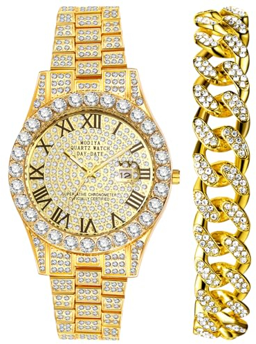 OIDEA Herren Armbanduhr Armkette Set: 2pcs Gold Herrenuhr Panzerkette Armband Analog Quarz Uhr Kalender Glitzer mit Römische Zifferblatt Casual Metallarmband Geschenk für Männer Freund