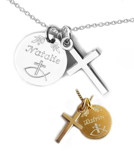 LATIGGA Personalisierte Kette mit Kreuzanhänger & Gravur, Silber | Geschenk für Mädchen und Frauen zur Taufe, Kommunion, Konfirmation, Firmung