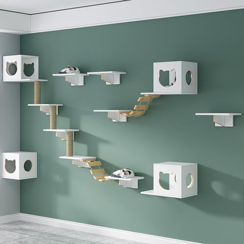 QWPOFISN Kletterwand Katzen, Katzen Wandelemente Katze Wand mit Sitzstangen und Stufen, Dicke Der Holzplatte 1,5 cm für An Der Wand Montierte Katzenhäuser Im Innenbereich(White,XXL)