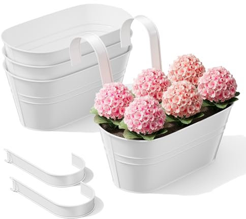 The Fellie 4 PCS Hanging Plant Pot Balcony Over Fence Planters Outdoor For Railing, Garden Planter Large Flower Pots With Detachable Hook, Metal Wall Planter Indoor For Decoration, White 28*15*17.5CM