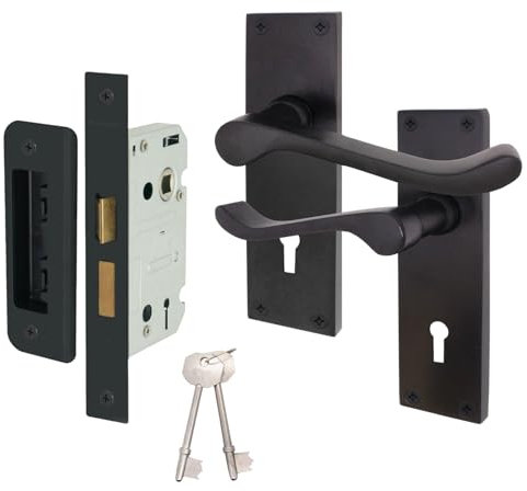 EAI Black Victorian Scroll Door Handle Key Lock Set | 1 Pair of Matt Black Internal Lever Lock Handles on Backplate with Sash Lock (64mm) & Keys